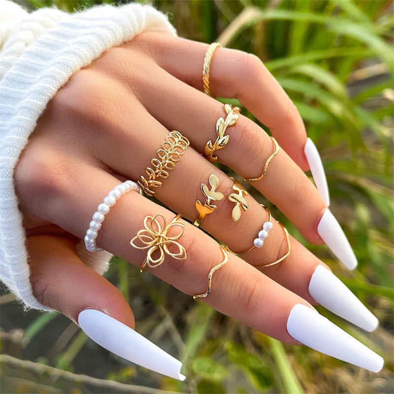 Bohemian Wave Flower Rings Set For Women