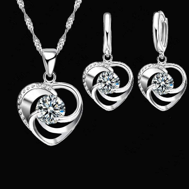 925 Sterling Silver Stamped Necklace Earrings Set Long Chain Sweet Romantic Style