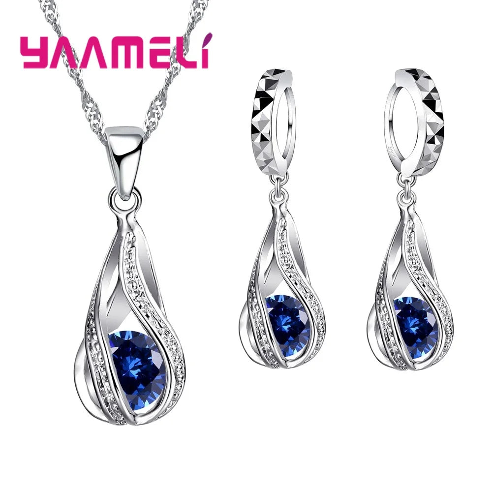 Hot Water Drop CZ 925 Sterling Silver Plated Jewelry Set For Women