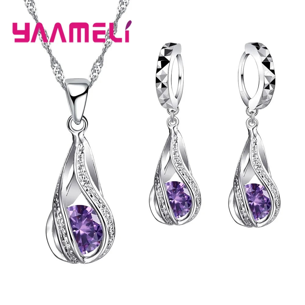 Hot Water Drop CZ 925 Sterling Silver Plated Jewelry Set For Women