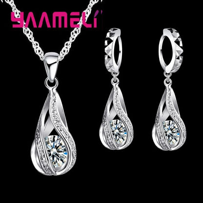 Hot Water Drop CZ 925 Sterling Silver Plated Jewelry Set For Women