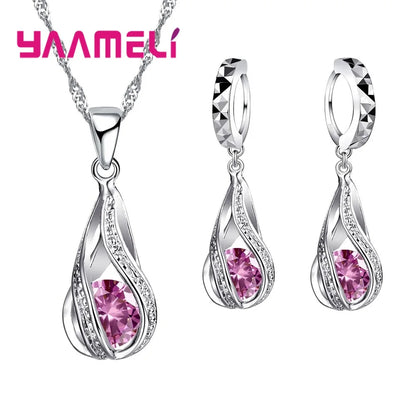 Hot Water Drop CZ 925 Sterling Silver Plated Jewelry Set For Women