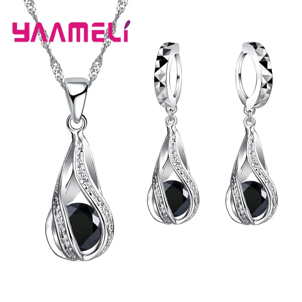 Hot Water Drop CZ 925 Sterling Silver Plated Jewelry Set For Women