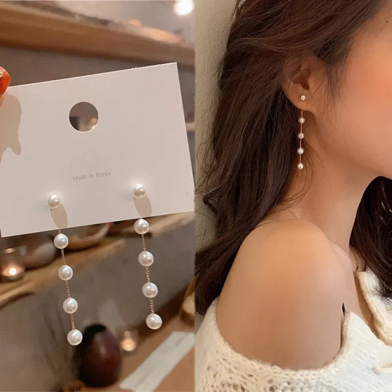 Pearl Long Earrings Women's Flower