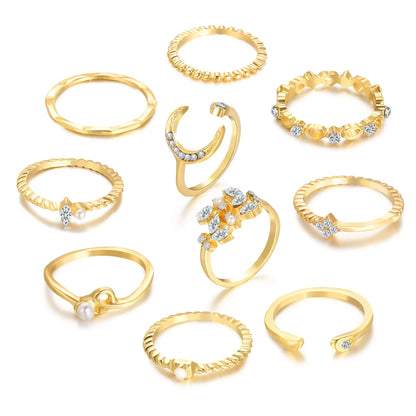 10Pcs Rings Suit For Women Gold-color Chain Ring Set Bohemian Style Coin Snake Moon Star Party Trend Gift Jewelry