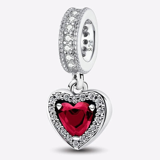 925 Sterling Silver Pendants Zircon Red Love Heart Charms Beads Fit