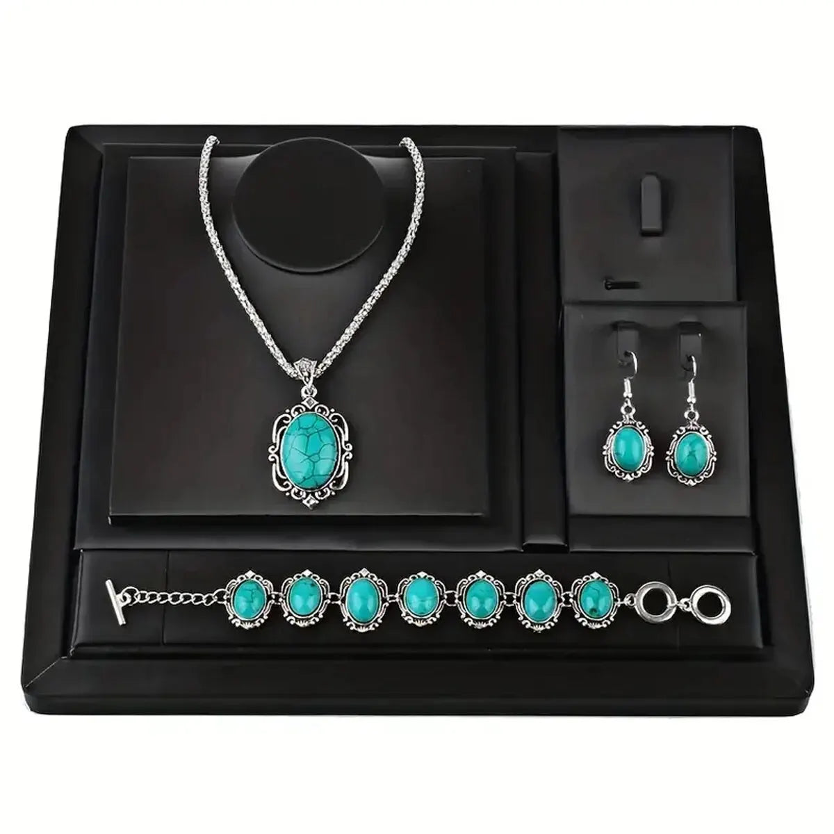 3pcs Women's Vintage Turquoise Bracelet Necklace Earrings Set