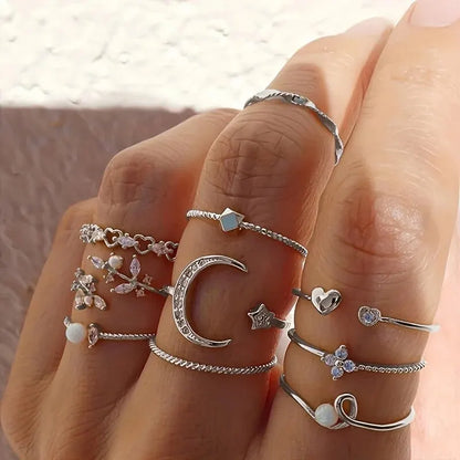 10Pcs Rings Suit For Women Gold-color Chain Ring Set Bohemian Style Coin Snake Moon Star Party Trend Gift Jewelry