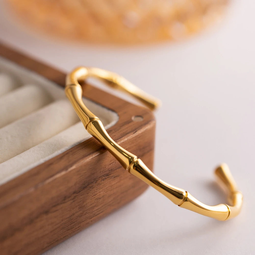 Simple Stainless Steel Gold Color Bamboo Joint Bracelet For Women