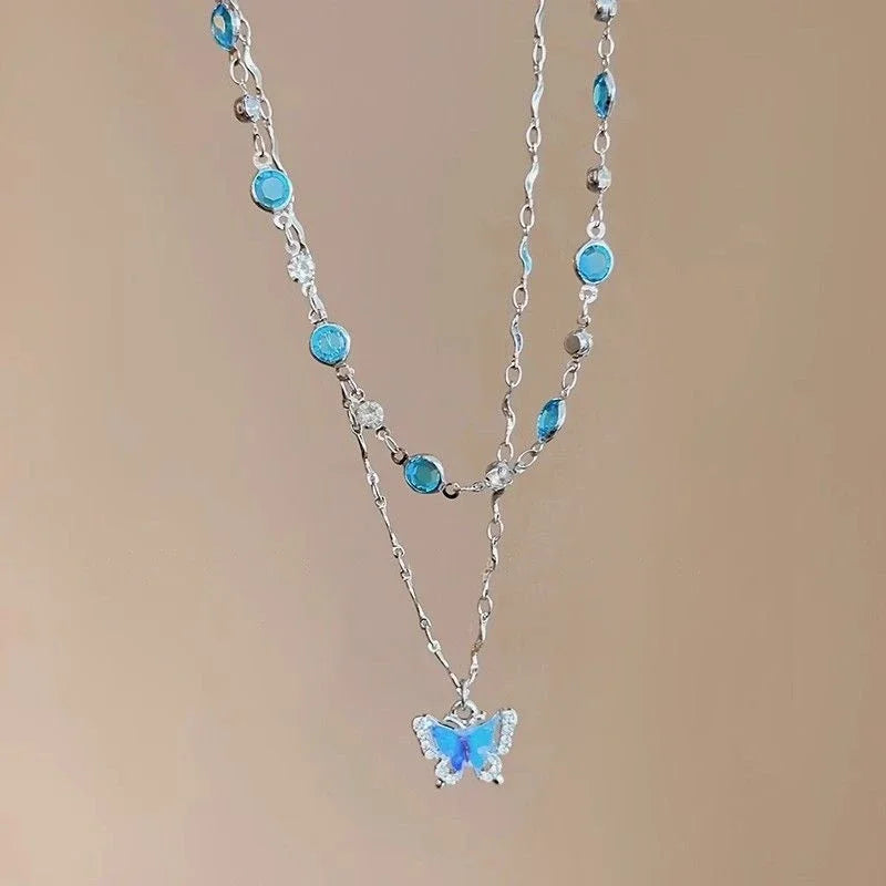 LATS Romantic Blue Crystal Butterfly Necklace for Women