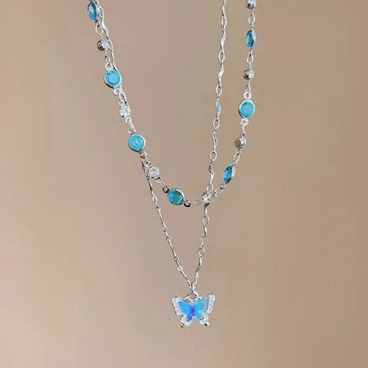 LATS Romantic Blue Crystal Butterfly Necklace for Women