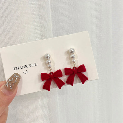 Red Black Bowtie Earrings for Women Girls Simulated Pearl Cloth Bow Tie Earrings Jewelry Ear Accessories Beautiful Gifts