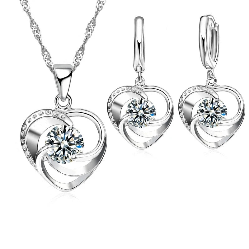 925 Sterling Silver Stamped Necklace Earrings Set Long Chain Sweet Romantic Style