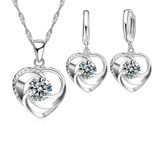 925 Sterling Silver Stamped Necklace Earrings Set Long Chain Sweet Romantic Style