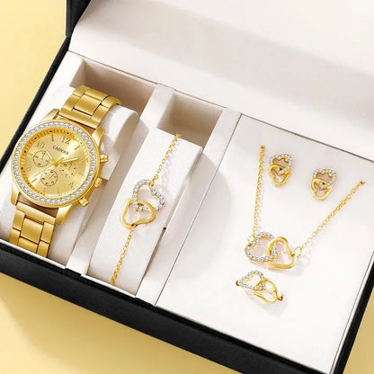 6PCS Set Rose Gold Luxury Watch Women Ring Necklace Earring