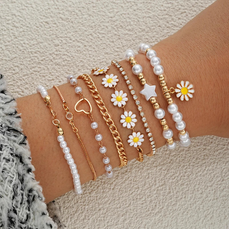 8pcs Vintage Daisy Flower Pendant Bracelet Set for Women