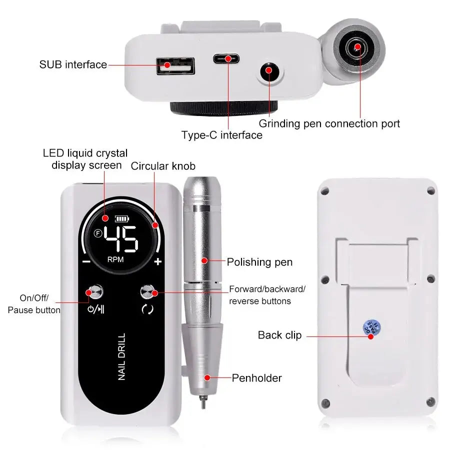 Professional 45000RPM Electric Portable Nail Drill Machine Rechargeable Low Noise