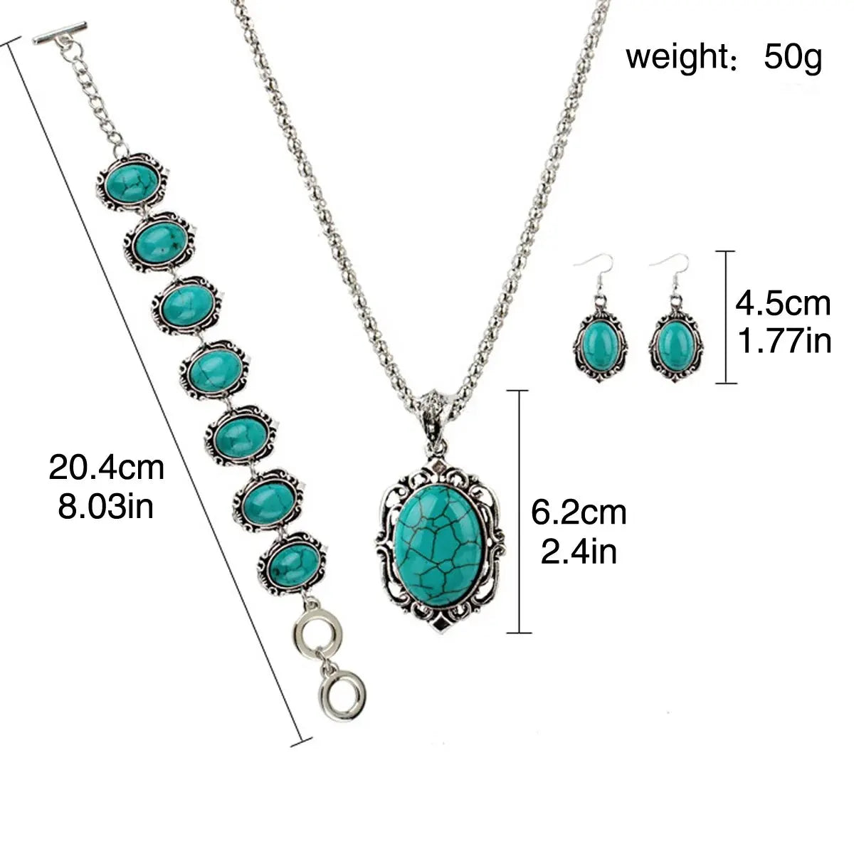 3pcs Women's Vintage Turquoise Bracelet Necklace Earrings Set