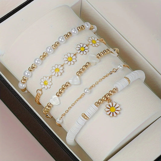 4pcs Vintage Daisy Flower Pendant Faux Pearl Bracelet Set for Women