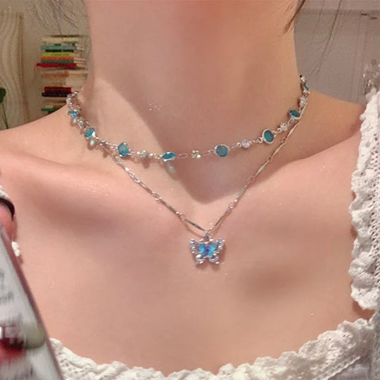 LATS Romantic Blue Crystal Butterfly Necklace for Women