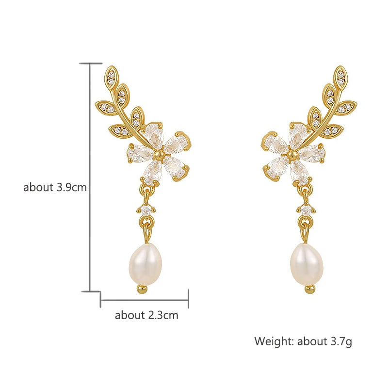 Flower Earrings Shiny Leaf Pearl Drop Earring