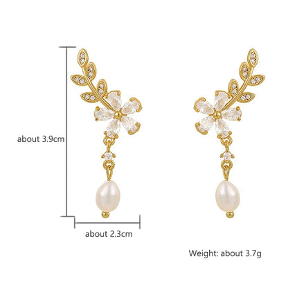 Flower Earrings Shiny Leaf Pearl Drop Earring