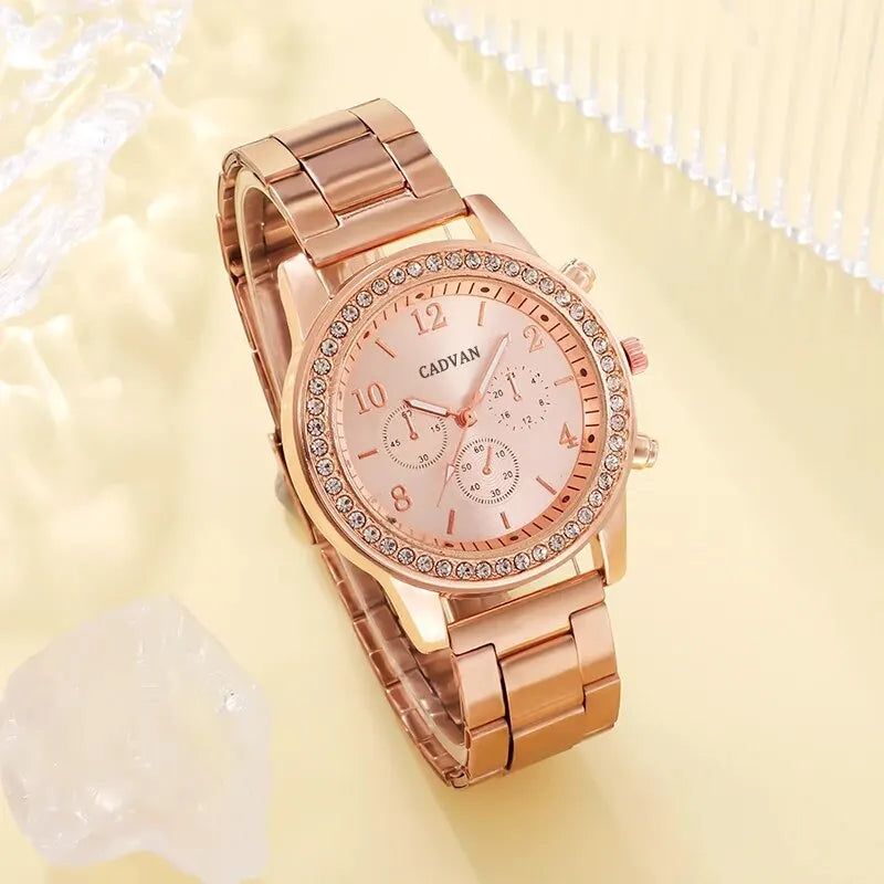 6PCS Set Rose Gold Luxury Watch Women Ring Necklace Earring