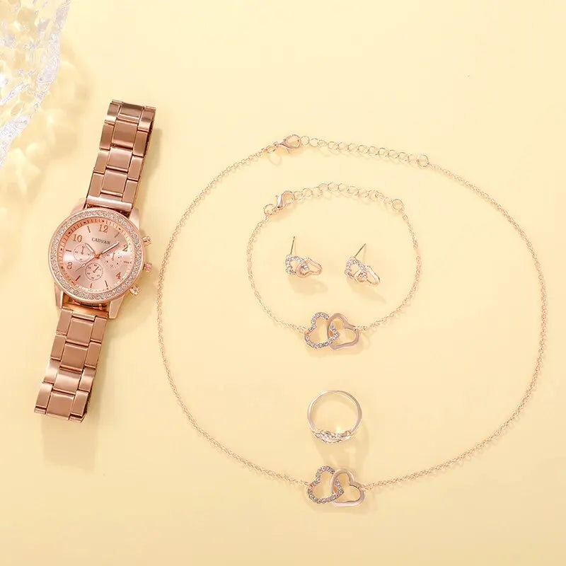 6PCS Set Rose Gold Luxury Watch Women Ring Necklace Earring