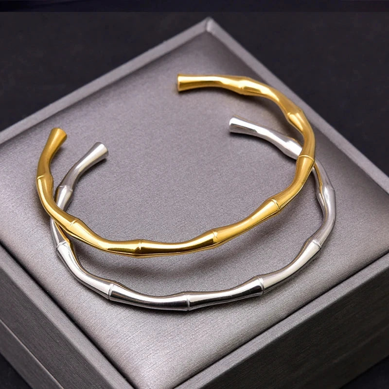 Simple Stainless Steel Gold Color Bamboo Joint Bracelet For Women