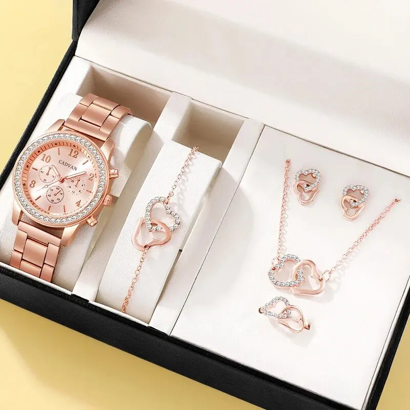 6PCS Set Rose Gold Luxury Watch Women Ring Necklace Earring