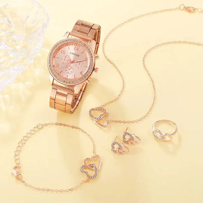 6PCS Set Rose Gold Luxury Watch Women Ring Necklace Earring