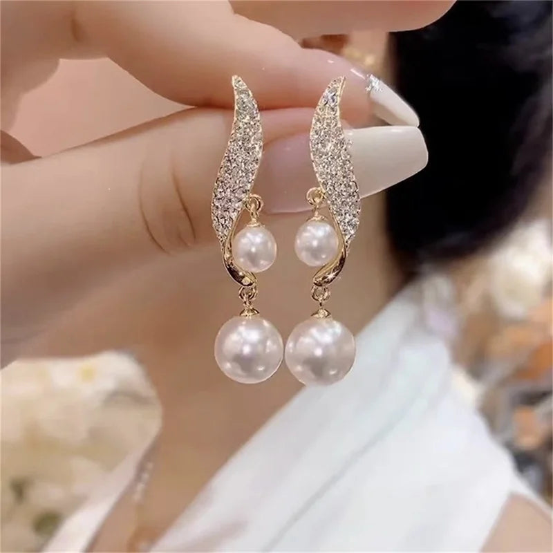 2023 New Classic Elegant Imitation Double Pearl Dangle Earrings For Women Crystal Long Tassel Drop Earring Wedding Jewelry Gifts