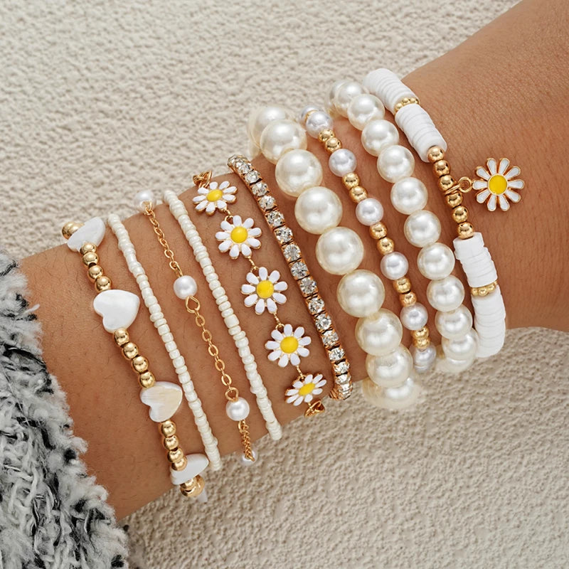 8pcs Vintage Daisy Flower Pendant Bracelet Set for Women