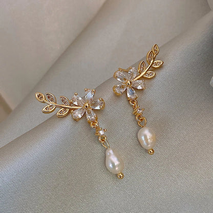 Flower Earrings Shiny Leaf Pearl Drop Earring