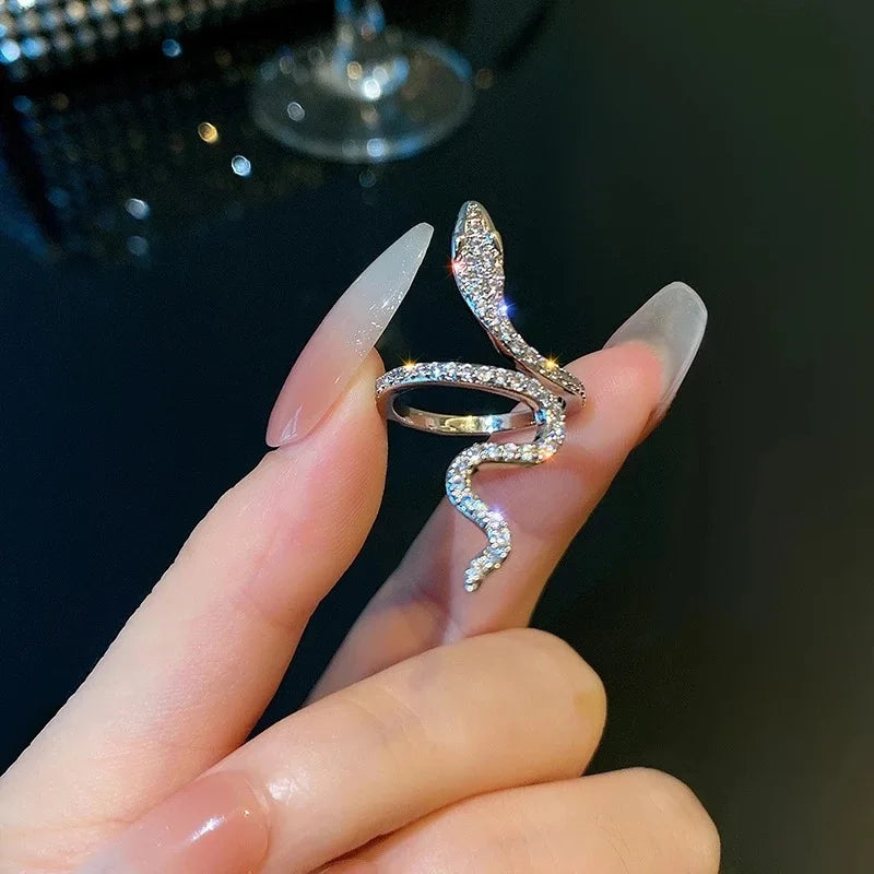 New Sliver Color Cubic Zirconia Snake Ring for Women Open Adjustable