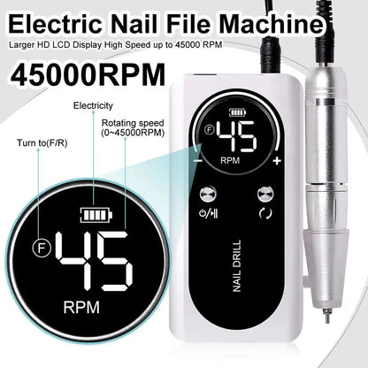 Professional 45000RPM Electric Portable Nail Drill Machine Rechargeable Low Noise