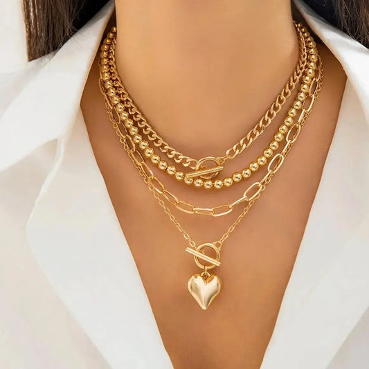 4Pcs/Set Punk Gold Color Heart Pendant Necklace for Women