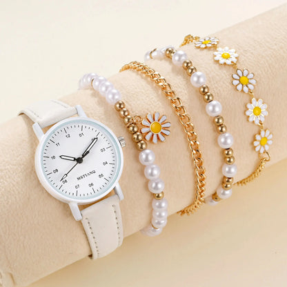 5pcs Set Of New Girls Lovely Creative Pentagram Daisy Pearl String Handmade Bracelet Watch Set