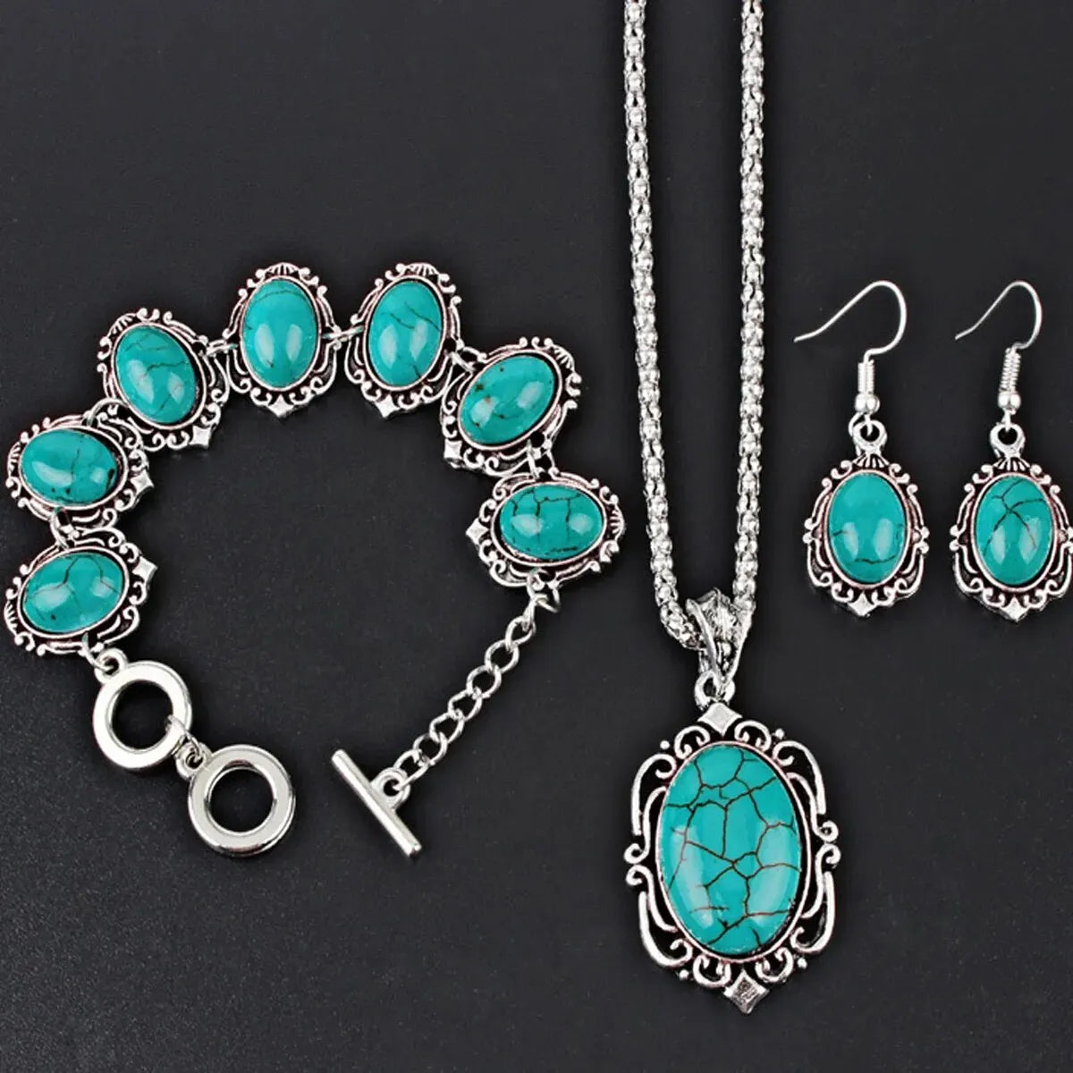 3pcs Women's Vintage Turquoise Bracelet Necklace Earrings Set