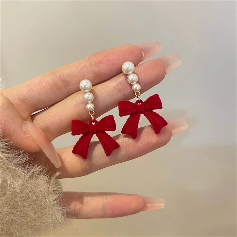 Red Black Bowtie Earrings for Women Girls Simulated Pearl Cloth Bow Tie Earrings Jewelry Ear Accessories Beautiful Gifts