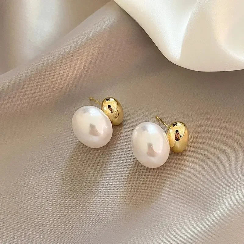 Pearls Round Stud Earrings Charm Stainless