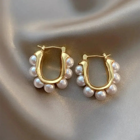 U-shaped Imitation Pearl Gold Color Hoop Earrings for Women