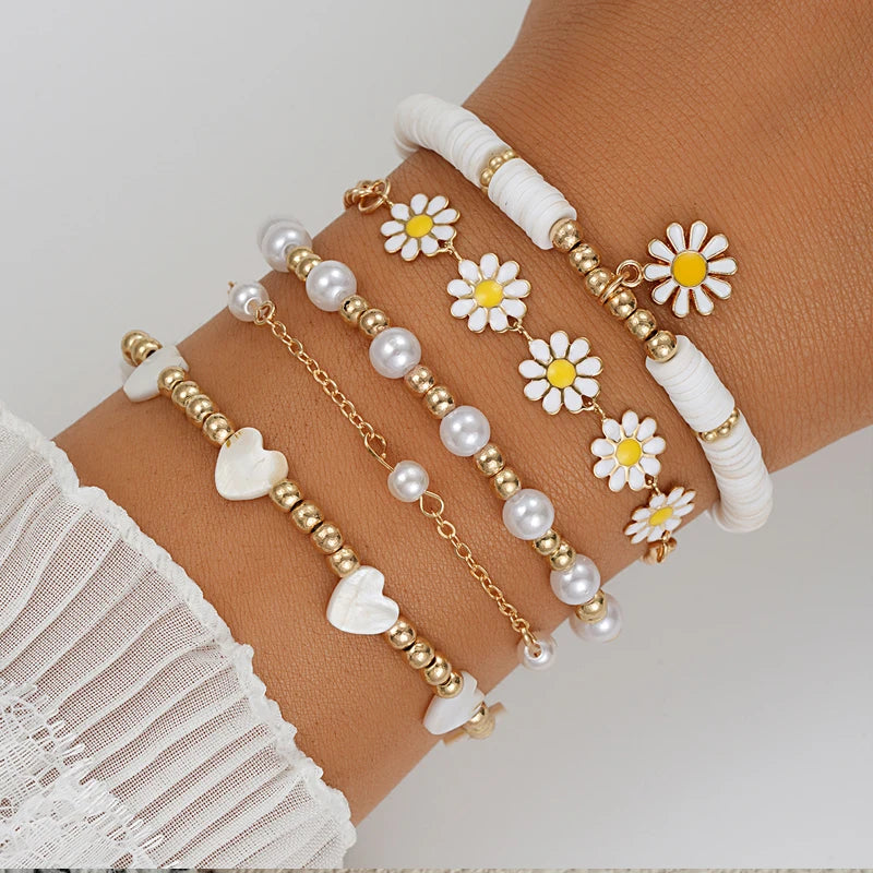 8pcs Vintage Daisy Flower Pendant Bracelet Set for Women