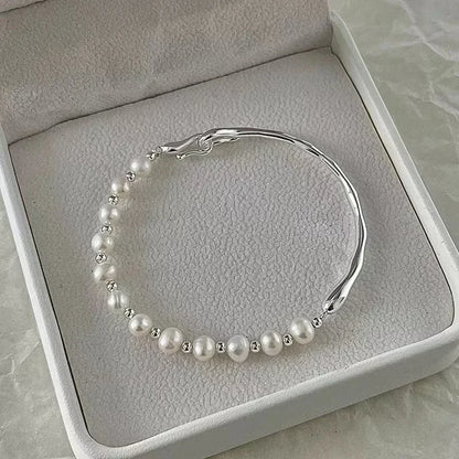 925 Sterling Silver Bracelet Partial Pearls for Women