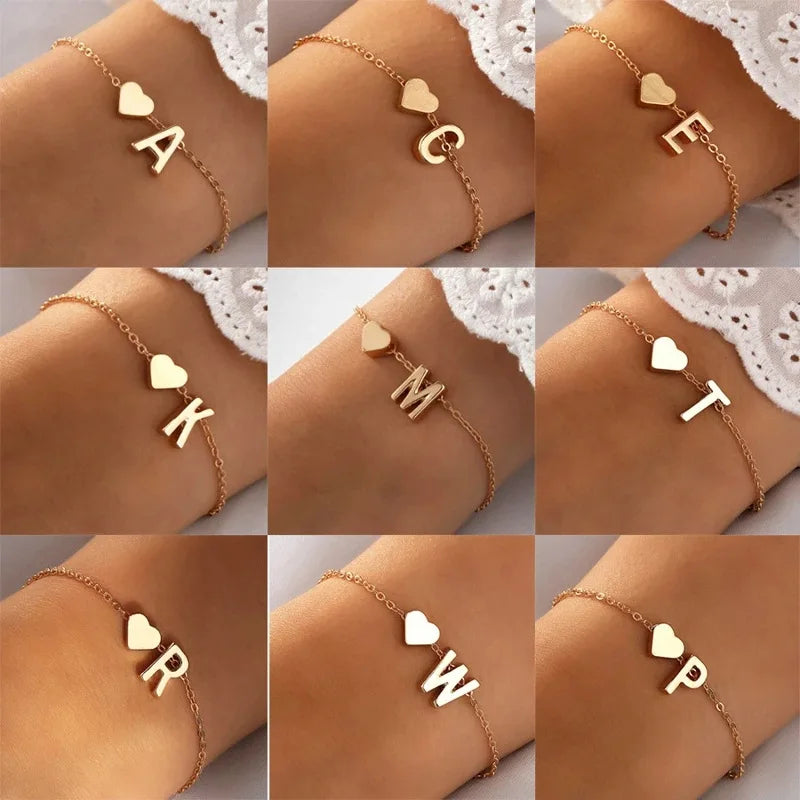 26 Letters Fashion English Initial Letter Heart Bracelet for Women