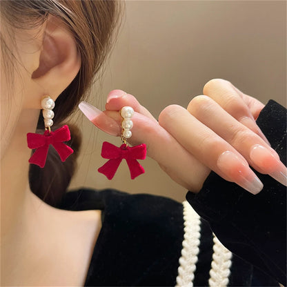 Red Black Bowtie Earrings for Women Girls Simulated Pearl Cloth Bow Tie Earrings Jewelry Ear Accessories Beautiful Gifts