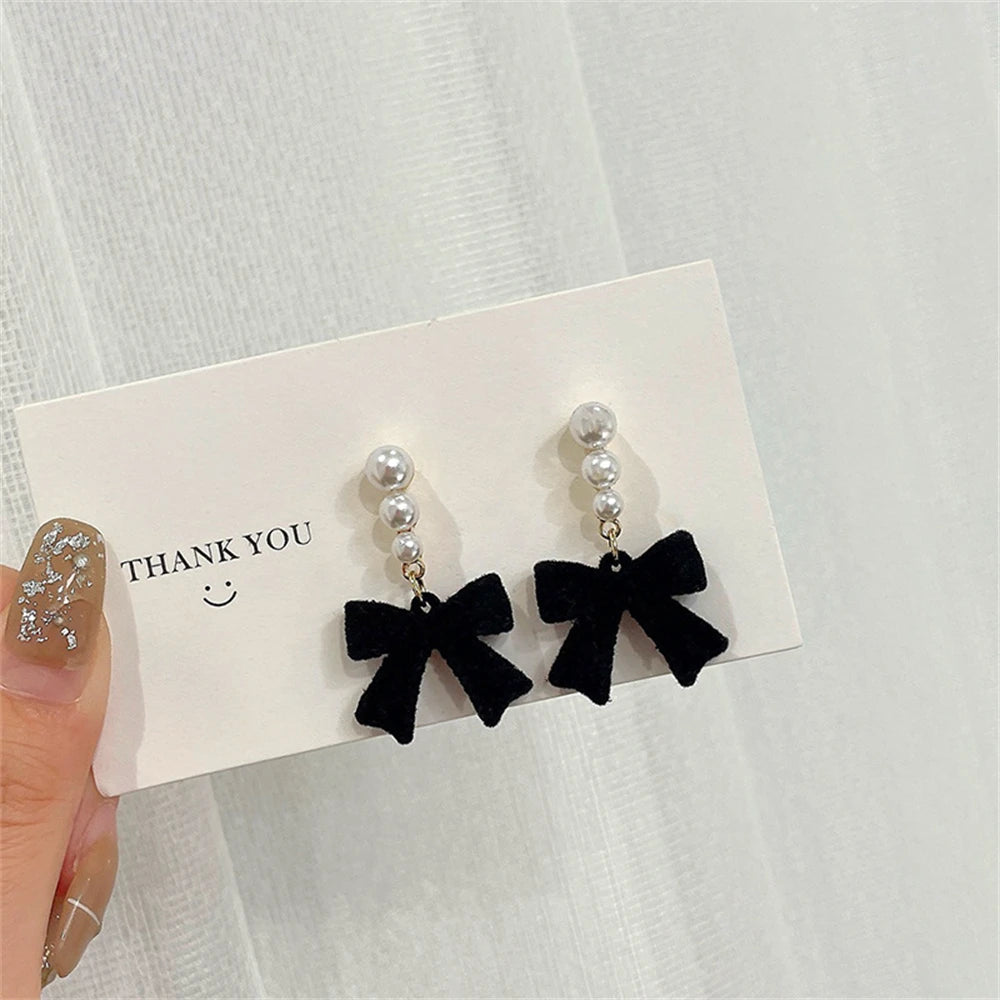 Red Black Bowtie Earrings for Women Girls Simulated Pearl Cloth Bow Tie Earrings Jewelry Ear Accessories Beautiful Gifts