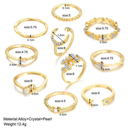 10Pcs Rings Suit For Women Gold-color Chain Ring Set Bohemian Style Coin Snake Moon Star Party Trend Gift Jewelry