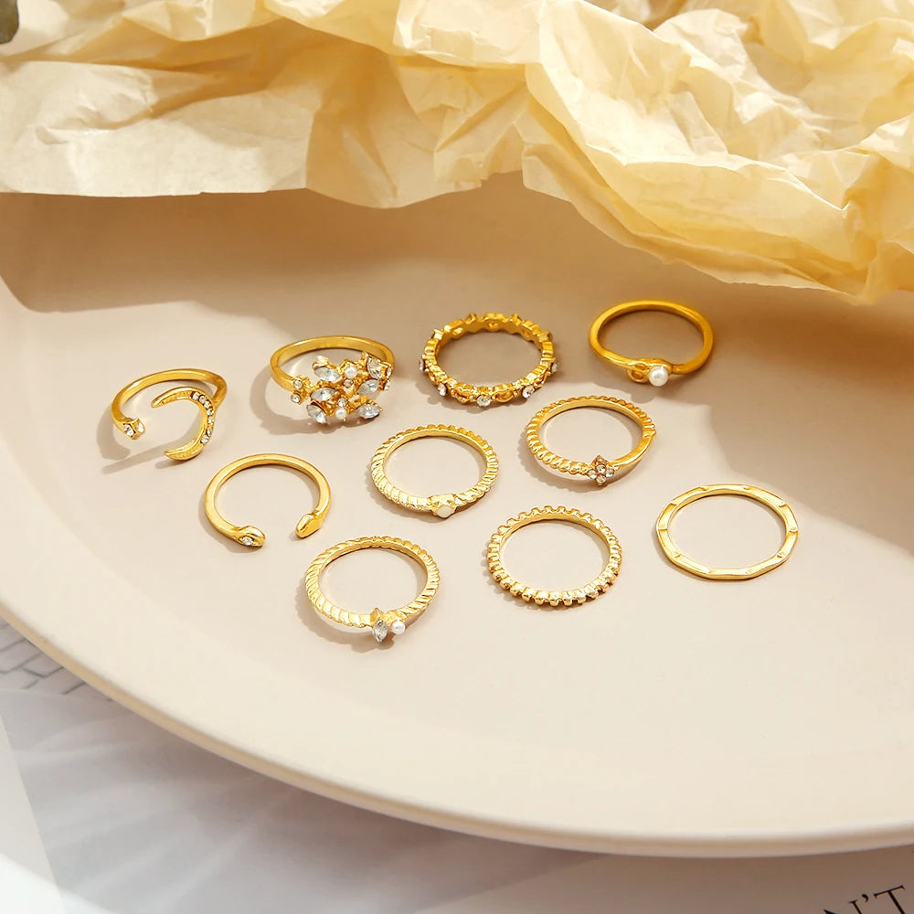 10Pcs Rings Suit For Women Gold-color Chain Ring Set Bohemian Style Coin Snake Moon Star Party Trend Gift Jewelry