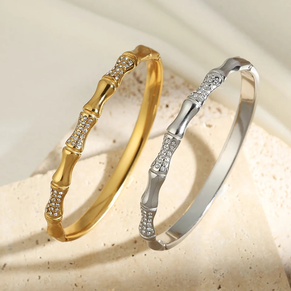 Simple Stainless Steel Gold Color Bamboo Joint Bracelet For Women